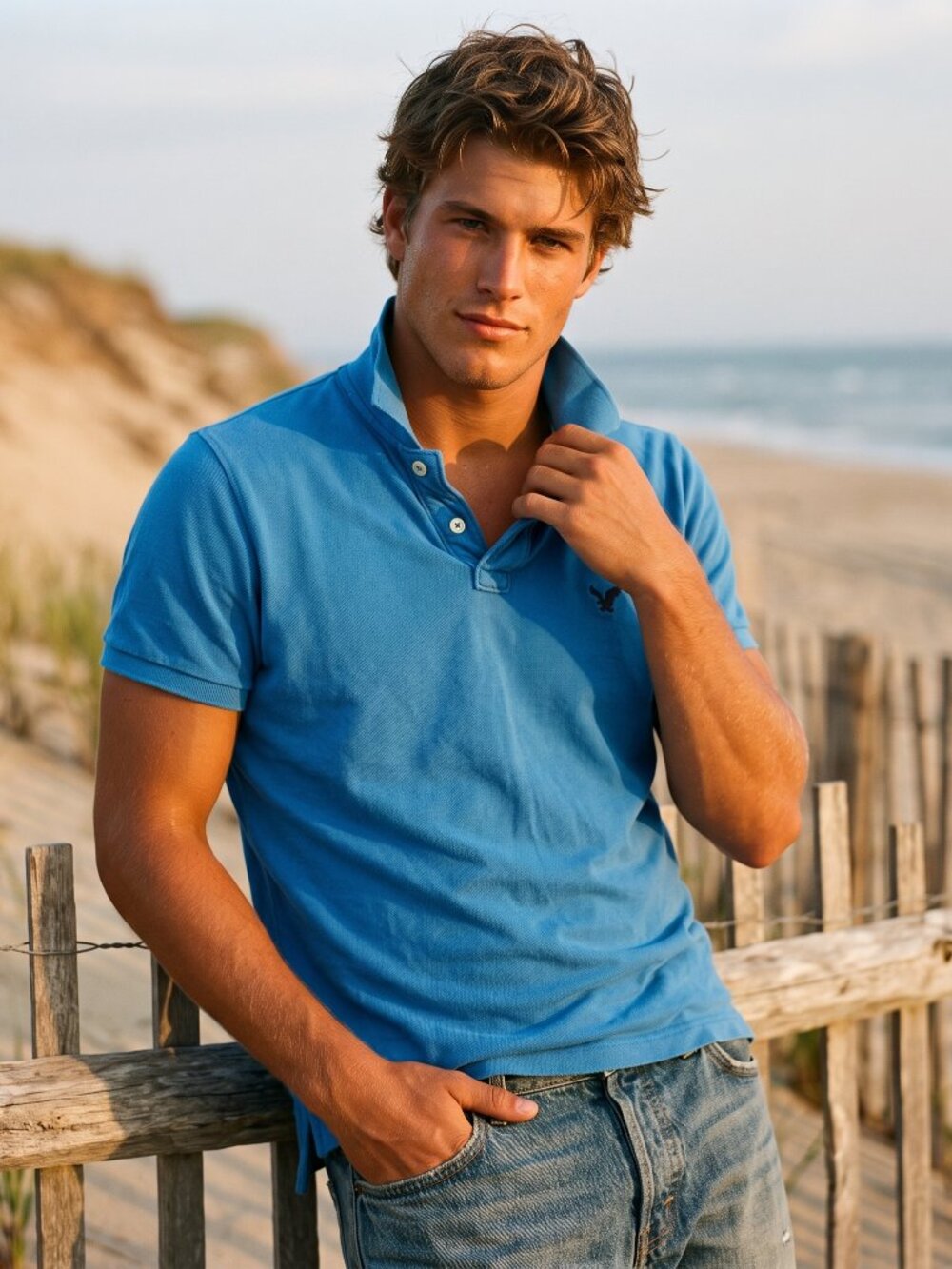 American Eagle Mens M Polo Shirt Blue Pique Solid Short Sleeve Y2K Preppy Top